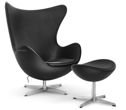Egg Chair, Leather Essential, Black, Satin polished aluminium, With footstool