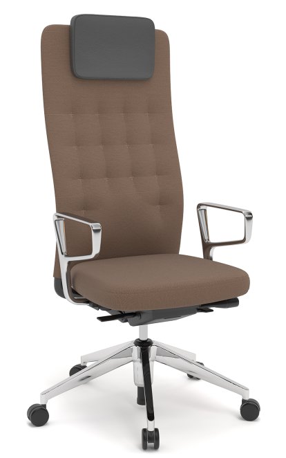 ID Trim L, FlowMotion with seath depth adjustment, With polished aluminium ring armrests, Basic dark, Plano fabric brown, Soft castors for hard floor surfaces