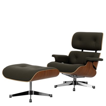 Eames Lounge Chair & Ottoman, Walnut, natural, Leather Premium F khaki, 84 cm - Original height 1956, Aluminium polished