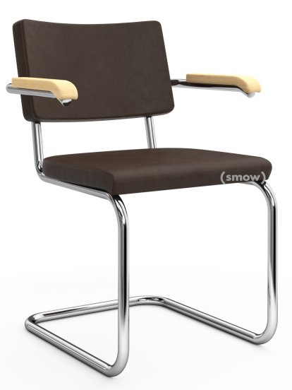 S 64 PV Pure Materials Cantilever Chair, Nubuk Leather dark brown, Ash, Chrome-plated, Black plastic glides with felt