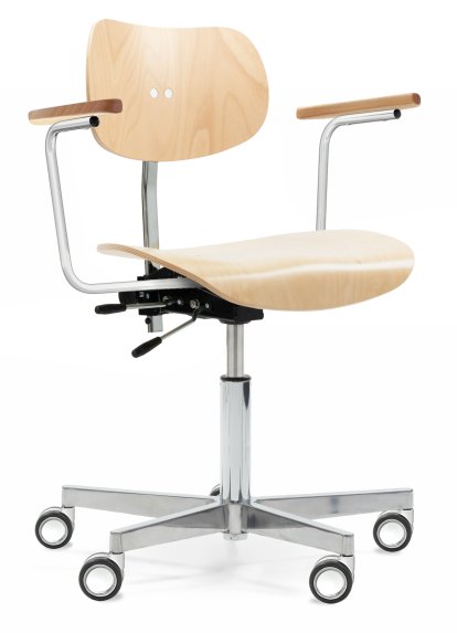 S 197 R20 Swivel Chair, With armrests, Natural beech, Chrome plated/polished aluminum, Standard castors chrome for carpet