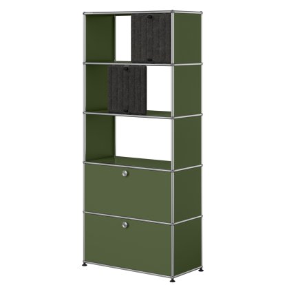 USM Haller filing shelf with 2 flaps, top without back panels with two USM Haller Soft Panels, vertical, Olive green RAL 6003, Dark grey / Grey
