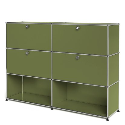 USM Haller Highboard L, Customisable, Olive green RAL 6003, With 2 drop-down doors, With 2 drop-down doors, Open