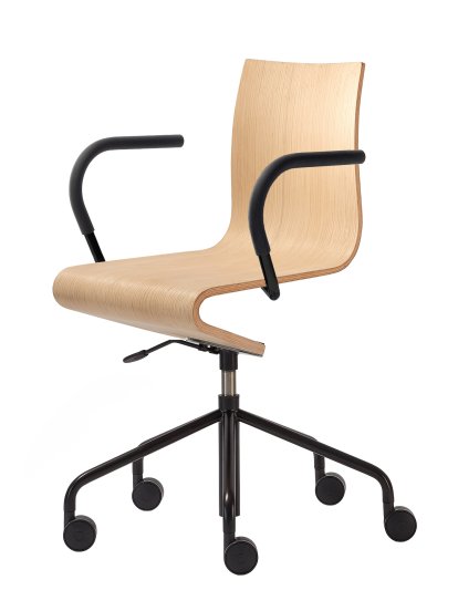 Work Chair Seesaw, Black, with gas spring, With armrests, same colour as base, Natural oak