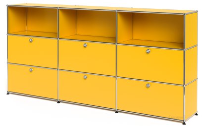 USM Haller Highboard XL, Customisable, Golden yellow RAL 1004, Open, With 3 drop-down doors, With 3 drop-down doors
