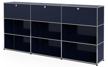USM Haller Highboard XL, Customisable, Steel blue RAL 5011, With 3 drop-down doors, Open, Open