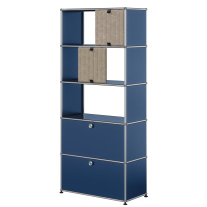 USM Haller filing shelf with 2 flaps, top without back panels with two USM Haller Soft Panels, vertical, Steel blue RAL 5011, Taupe / Dark blue
