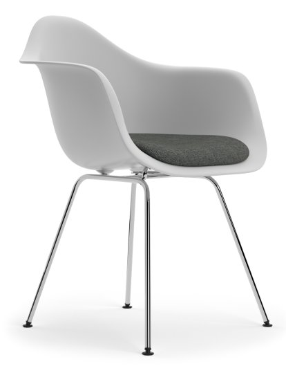 Eames Plastic Armchair RE DAX, Cotton white, With seat upholstery, Nero / ivory, Standard version - 43 cm, Chrome-plated