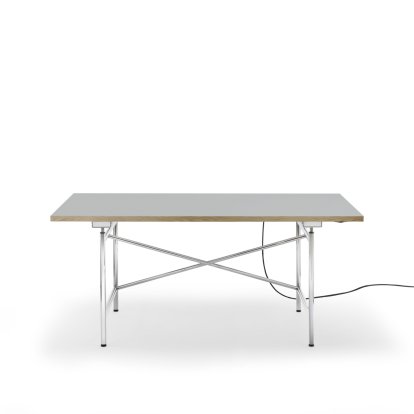 Eiermann 1 Table E (Electric Height Adjustment), Linoleum ash grey (Forbo 4132) with oak edge, 160 x 80 cm, Chrome, With cable duct