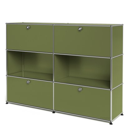 USM Haller Highboard L, Customisable, Olive green RAL 6003, With 2 drop-down doors, Open, With 2 drop-down doors