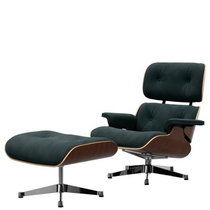 Eames Lounge Chair & Ottoman Calma, Dark walnut, Calma, pine green, 89 cm, Aluminium polished