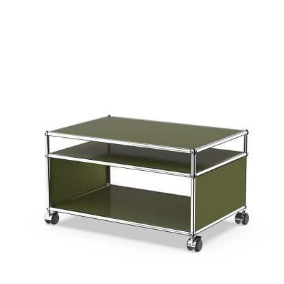 USM Haller side table with extension and castors, Olive green RAL 6003, Soft castors for hard floor surfaces