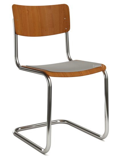 S 43 Classic Cantilever Chair, Chrome-plated frame, Stained beech, Cherry tree, Seat pad without upholstery light grey melange, No glides