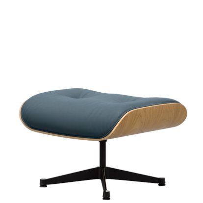 Eames Lounge Chair Ottoman, Chestnut, natural, Leather Premium F smoky blue, Aluminium polished, sides black
