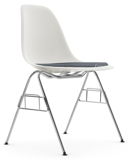 Eames Plastic Side Chair DSS / DSS-N, White RE, With seat upholstery, Dark blue / ivory, Without linking element (DSS-N)