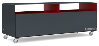 TV Lowboard R 109, Bicoloured, Anthracite grey (RAL 7016) - Ruby red (RAL 3003), Industrial castors