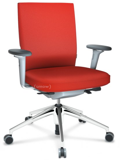 ID Soft, FlowMotion-with tilt mechanism, with seat depth adjustment, With 3D-armrests, 5 star foot, polished aluminium, Soft grey, Seat and back Plano, Poppy red, Hard castors for carpets