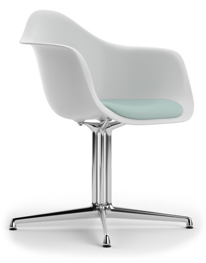 Eames Plastic Armchair RE DAL, Cotton white, With seat upholstery, Ice blue / ivory, Aluminium polished, New seat height (43,0 cm)