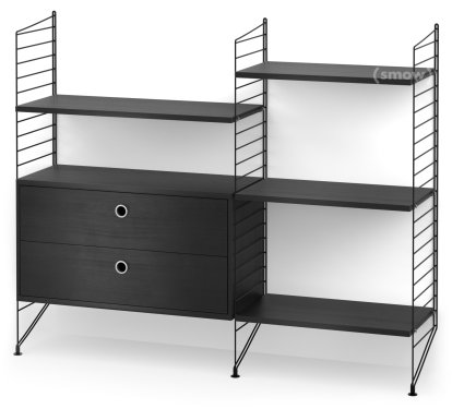 String System Floor Shelf with Drawers, Black, Black ash veneer