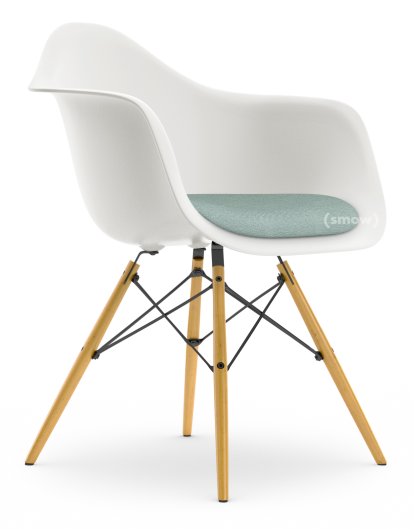 Eames Plastic Armchair DAW, White non-RE, With seat upholstery, Ice blue / ivory, Standard version - 43 cm, Yellowish maple