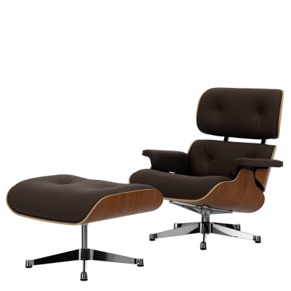 Eames Lounge Chair & Ottoman, Walnut, natural, Leather Premium F marron, 84 cm - Original height 1956, Aluminium polished