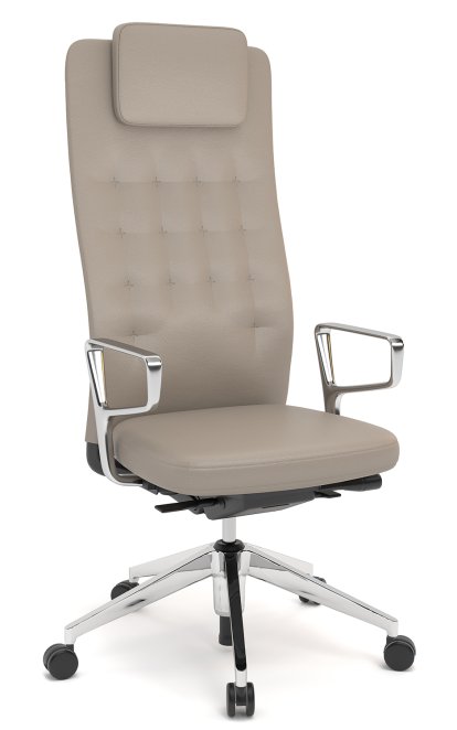 ID Trim L, FlowMotion without seath depth adjustment, With polished aluminium ring armrests, Basic dark, Leather sand, Soft castors for hard floor surfaces