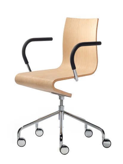 Work Chair Seesaw, Chrome plated, with spindel, With armrests, same colour as base, Natural oak