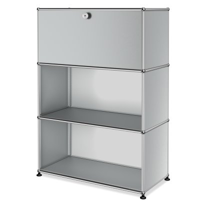 USM Haller Highboard M, Customisable, USM matte silver, With drop-down door, Open, Open