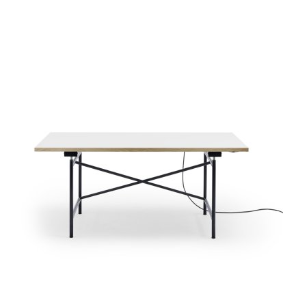 Eiermann 1 Table E (Electric Height Adjustment), White melamine with oak edge, 160 x 80 cm, Black, Without cable duct