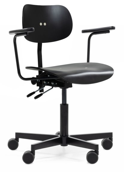 S 197 R20 Swivel Chair, With armrests, Black stained beech, Matt black powder-coated, Standard castors black for carpet