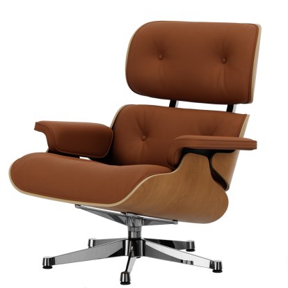 Eames Lounge Chair, Cherry, natural , Leather Premium F cognac, 84 cm - Original height 1956, Aluminium polished
