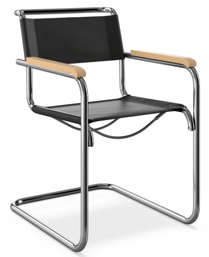 S 33 / S 34 Lether Cantilever Chair, Armrests natural stained beech, Butt leather, Black, Black plastic glides with felt