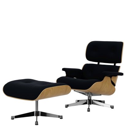 Eames Lounge Chair & Ottoman Calma, Chestnut, natural, Calma, night blue, 84 cm - Original height 1956, Aluminium polished