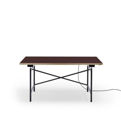 Eiermann 1 Table E (Electric Height Adjustment), Linoleum burgundy (Forbo 4154) with oak edge, 140 x 80 cm, Black, Without cable duct