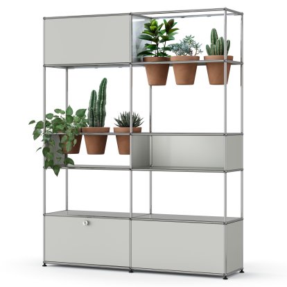USM Haller E Plant World Room Divider, Light grey RAL 7035, Terracotta, LED illumination cold white