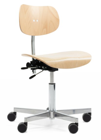 S 197 R20 Swivel Chair, Without armrests, Natural beech, Chrome plated/polished aluminum, Standard castors black for carpet