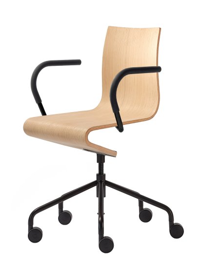 Work Chair Seesaw, Black, with spindle, With armrests, same colour as base, Natural oak