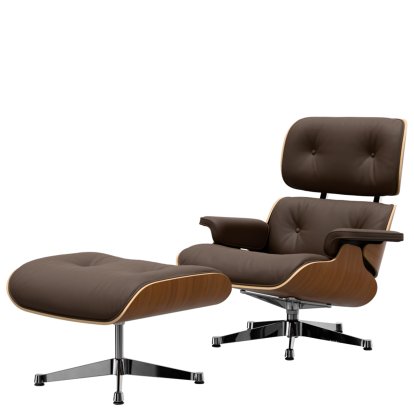Eames Lounge Chair & Ottoman, Walnut, natural, Leather Premium F marron, 89 cm, Aluminium polished