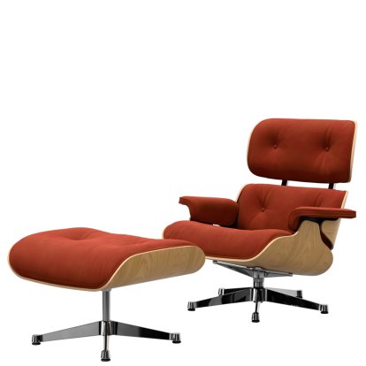 Eames Lounge Chair & Ottoman Calma, Chestnut, natural, Calma, brandy, 84 cm - Original height 1956, Aluminium polished