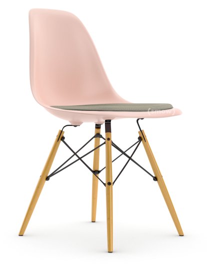 Eames Plastic Side Chair RE DSW, Pale rose, With seat upholstery, Warm grey / ivory, Standard version - 43 cm, Yellowish maple