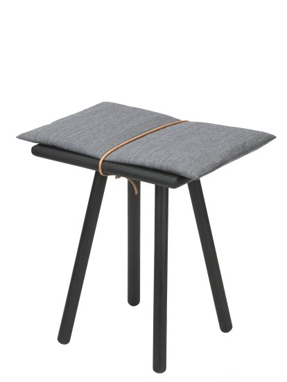 Georg Stool, Frame: black lacquered oak ,  Seat cushion: light grey with brown leather strap
