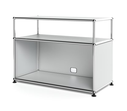 USM Haller Lowboard M with Extension, Customisable, USM matte silver, With drop-down door, With cable entry hole bottom centre