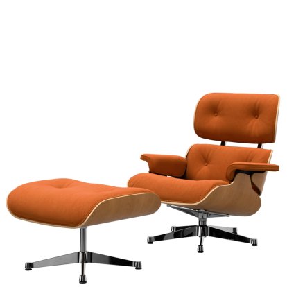 Eames Lounge Chair & Ottoman Calma, Cherry, natural , Calma, cognac, 84 cm - Original height 1956, Aluminium polished