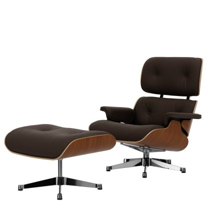 Eames Lounge Chair & Ottoman, Walnut, natural, Leather Premium F marron, 89 cm, Aluminium polished