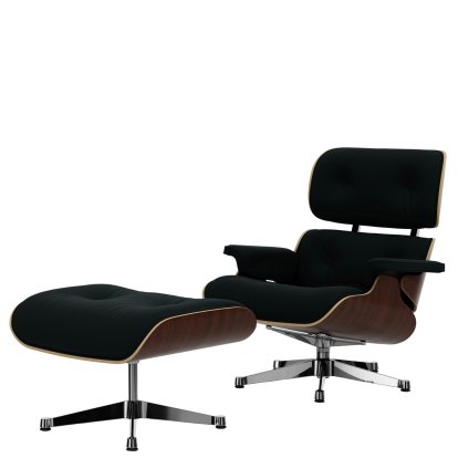 Eames Lounge Chair & Ottoman Calma, Dark walnut, Calma, pine green, 84 cm - Original height 1956, Aluminium polished