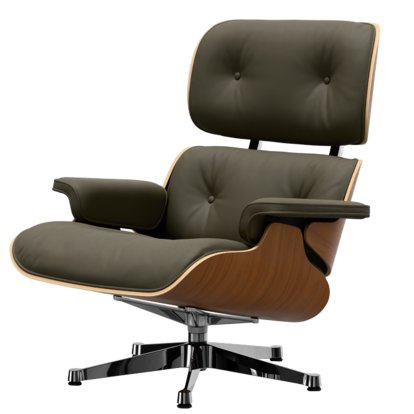 Eames Lounge Chair, Walnut, natural, Leather Premium F khaki, 89 cm, Aluminium polished
