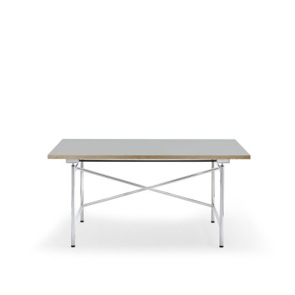 Eiermann 1 Table M (Mechanical Height Adjustment), Linoleum ash grey (Forbo 4132) with oak edge, 140 x 80 cm, Chrome