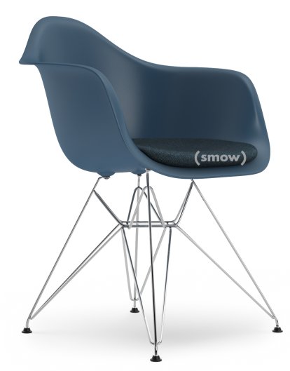 Eames Plastic Armchair RE DAR, Sea blue, With seat upholstery, Ice blue / moor brown, Standard version - 43 cm, Chrome-plated