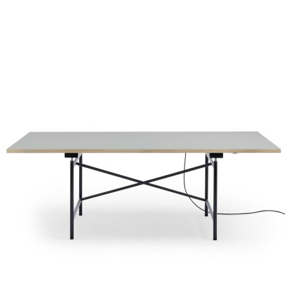 Eiermann 1 Table E (Electric Height Adjustment), Linoleum ash grey (Forbo 4132) with oak edge, 200 x 90 cm, Black, With cable duct