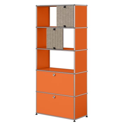 USM Haller filing shelf with 2 flaps, top without back panels with two USM Haller Soft Panels, vertical, Pure orange RAL 2004, Taupe / Dark blue